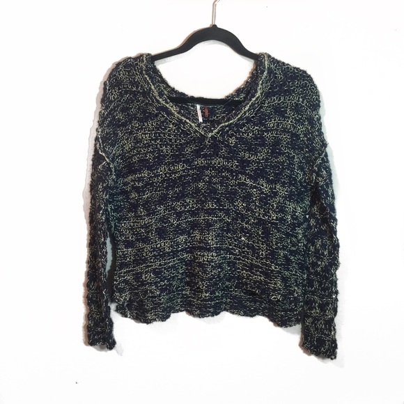 Free People Sweaters - Free People Navy & Yellow Thick Knit VNeck Sweater